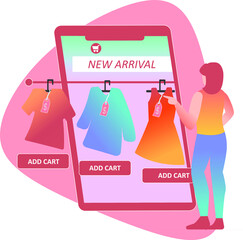A woman choosing her new clothes via online fashion store
