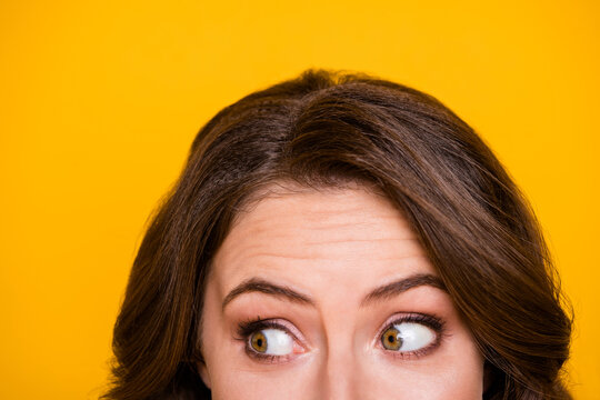 Closeup cropped facial expression photo of funny terrified lady look half face scared big eyes side empty space isolated bright yellow color background