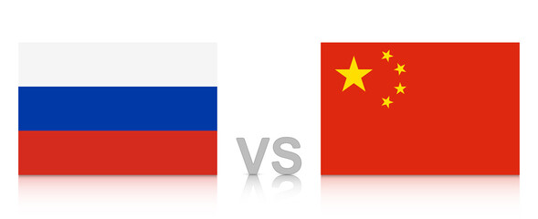 Russia versus China. The Russian Federation against the People's Republic of China. National flags with reflection. EPS10 vector file