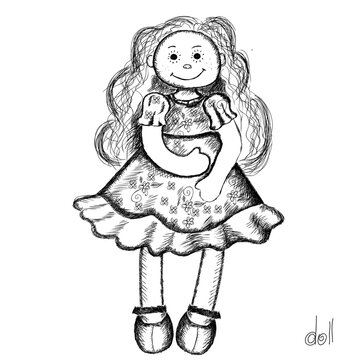 Cute little toy baby doll in the style of hand-drawn pencils in black on a white background. Isolated. Vector. Sketch