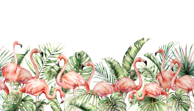 Watercolor seamless border with pink flamingos and palm leaves. Hand painted tropical birds and jungle greenery. Floral illustration isolated on white background for design, print, fabric, background.