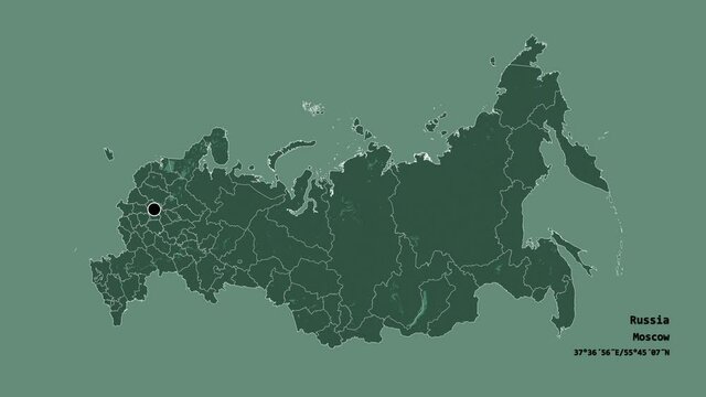 Arkhangel'sk, region of Russia, with its capital, localized, outlined and zoomed with informative overlays on a administrative map in the Stereographic projection. Animation 3D