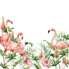 Watercolor tropical border with pink flamingos, anthurium and lupine. Hand painted birds, flowers and palm leaves. Floral illustration isolated on white background for design, print, background. - obrazy, fototapety, plakaty