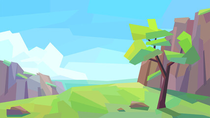 low poly landscape, mountain, rock, hill, tree, cloud, vector illustration