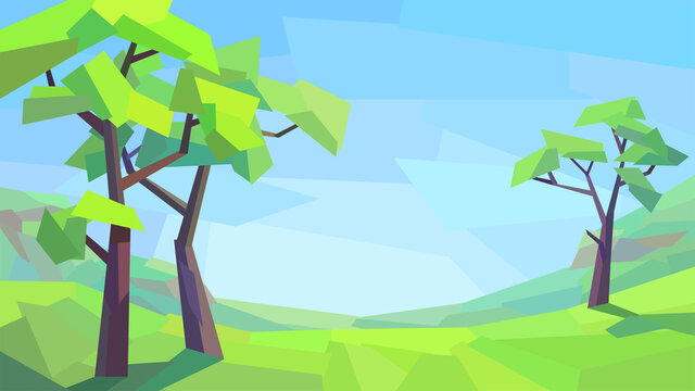 low poly landscape, tree, field, hill, grass, vector illustration