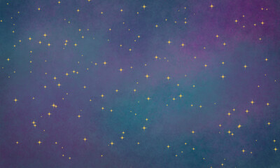 cute space hand drawn background with yellow stars. Background with cosmic shades of blue and purple.