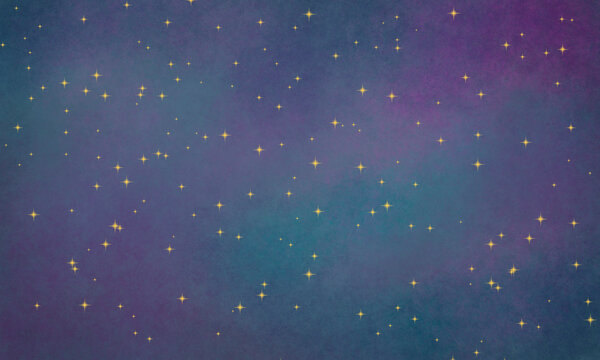 cute space hand drawn background with yellow stars. Background with cosmic shades of blue and purple.