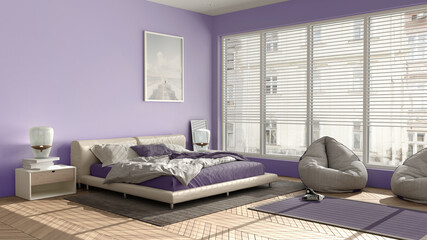 Modern bedroom in violet pastel tones, big panoramic window, double bed with carpet and pouf, herringbone parquet floor, minimal interior design, relax concept idea