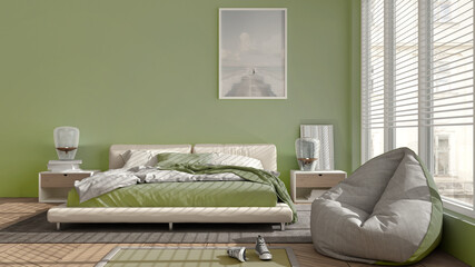 Modern bedroom in green pastel tones, big panoramic window, double bed with carpet and pouf, herringbone parquet floor, minimal interior design, relax concept idea