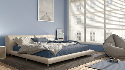 Modern bedroom in blue pastel tones, big panoramic window, double bed with carpet and pouf, herringbone parquet floor, minimal interior design, relax concept idea