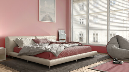 Modern bedroom in pink pastel tones, big panoramic window, double bed with carpet and pouf, herringbone parquet floor, minimal interior design, relax concept idea