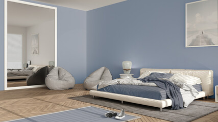 Modern bedroom in blue pastel tones, big panoramic window, double bed with carpet and pouf, herringbone parquet floor, minimal interior design, relax concept idea