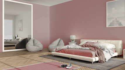 Modern bedroom in pink pastel tones, big panoramic window, double bed with carpet and pouf, herringbone parquet floor, minimal interior design, relax concept idea