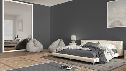 Modern bedroom in gray and pastel tones, big panoramic window, double bed with carpet and pouf, herringbone parquet floor, minimal interior design, relax concept idea