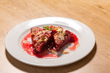 Fruit cake dessert served on white plate