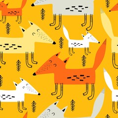 Seamless pattern with cartoon foxes, decor elements on a neutral background. colorful vector for kids, flat style. hand drawing. animals. Baby design for fabric, textile, print, wrapper.