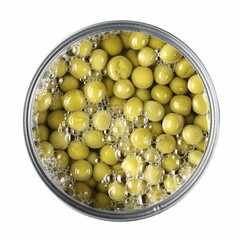 Cooked peas in tin can isolated on white background, top view