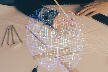 Brain multi exposure icon with man hands background.