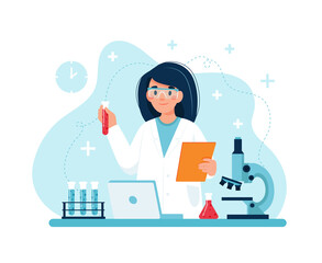 Scientist at work, female character conducting experiments in lab. Vector illustration in flat style