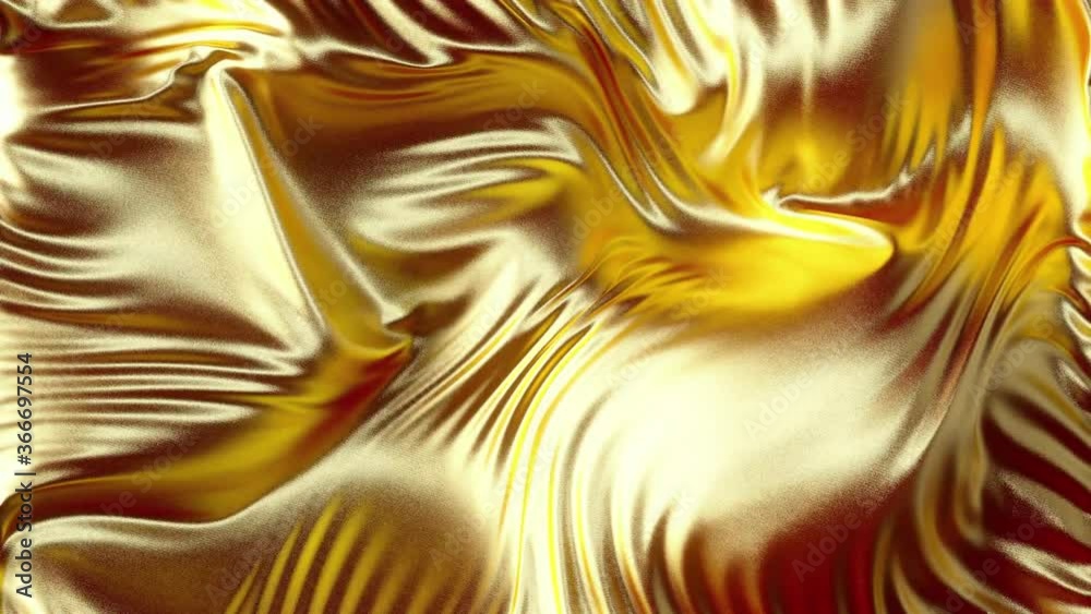 Poster developing gold cloth silk textile 3d animation. golden wavy cloth surface with ripples and folds in