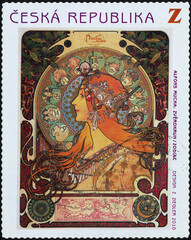 Illustration of Zodiac by Alfonse Mucha on postage stamp - obrazy, fototapety, plakaty
