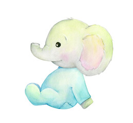 Cute baby elephant in a cartoon style. Watercolor animal, on an isolated background, for children's holidays.