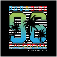 Vector - California paradise Typography Graphics. T-shirt Printing Design for sports apparel. CA ocean beach original wear. Concept in vintage style. Symbol of vacation, summer and surfing. Vector