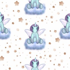 Cute little unicorn on cloud with golden stars seamless pattern. Hand drawn baby horse on blue cloud seamless pattern.Isolated on white background. Design for kids wrapping, wallpapers, digital paper.