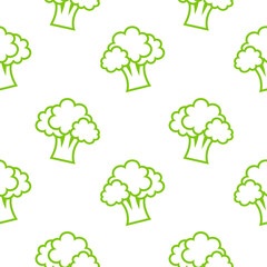 Seamless Pattern of line green Broccoli. Raster illustration on white background.