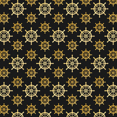 Golden color ship wheel or helm abstract seamless pattern vector on black background.