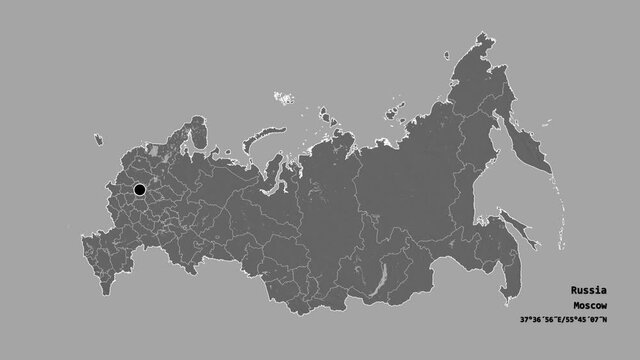 Chechnya, republic of Russia, with its capital, localized, outlined and zoomed with informative overlays on a bilevel map in the Stereographic projection. Animation 3D