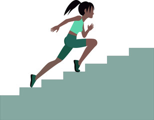 The girl climbs the stairs. A girl in sportswear runs up the stairs. Vector illustration of a runner doing sports.