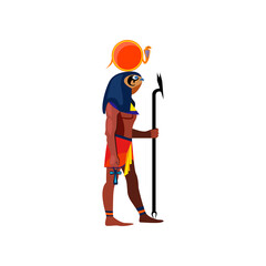 Egyptian bird person. Horus with snake on head, ankh cross and stick. Can be used for topics like culture, mythology, heritage