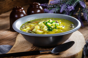 Barley soup with vegetables and chicken.
