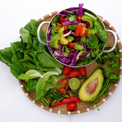colorful raw materials for mixed vegetable, avocado salad, homemade diet food for weight loss
