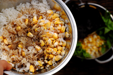 raw material for Vietnamese vegan fried rice with yellow corn, food ingredient ready to cook