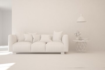 White room with sofa. Scandinavian interior design. 3D illustration