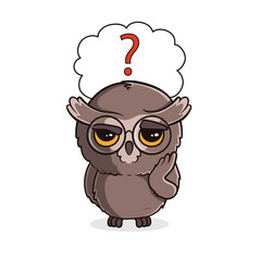 Cute cartoon owl with question mark in speech bubble isolated on white background. Thoughtful owlet. Vector illustration