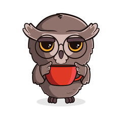 Cute cartoon owl with a cup of tea or coffee isolated on white background. Vector illustration