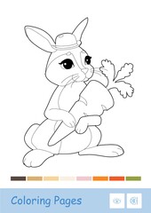 Colorless vector contour image of a bunny with a carrot isolated on white background and suggested palette below. Wild animals preschool kids coloring book illustrations and developmental activity.