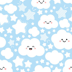 Seamless pattern with happy cloud and star on a blue sky background vector. Cute funny cartoon character