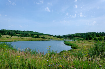 Lake among green grass and trees. Rest on the lake