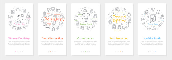 Vertical five banners with line concept of dentistry - woman dentistry and orthdontics