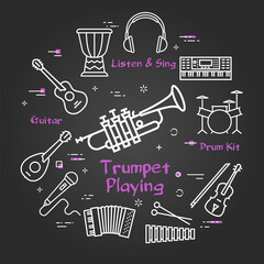 Fototapeta na wymiar Vector black linear banner for music - trumpet playing