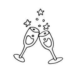 Two glasses of champagne ink hand drawn sketch, winter holiday design element black outline icon Two glasses of champagne.Merry Christmas and Happy New Year text. Hand drawn vector illustration.