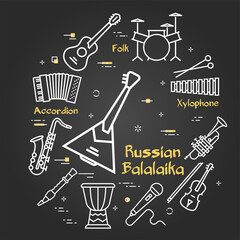 Vector black linear banner for music - russian balalaika