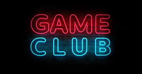 Game club with gamer symbol neon on brick wall