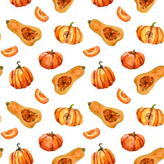 Seamless pattern with pumpkins for halloween and Fall on white background. Watercolor hand painted orange round and cut pumpkins. autumn textile, wrapping paper, fabric.