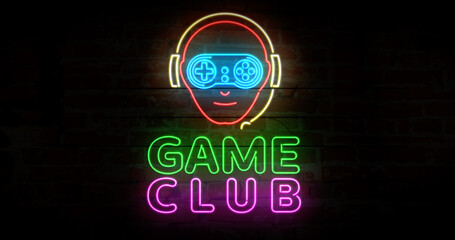 Game club with gamer symbol neon on brick wall