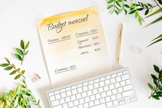 Budget mensuel en fran&ccedil;ais; les revenus et d&eacute;penses; le cadrage horizontal; &eacute;conomie d'argent